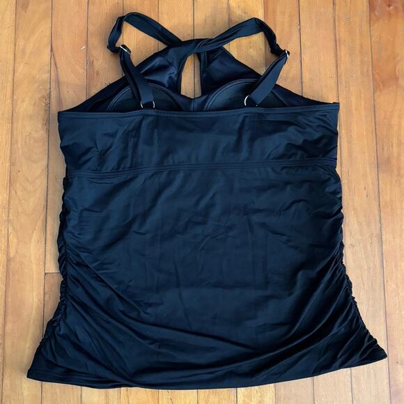 Lands End Size L 14 16 D Cup Tankini Top Black Twist Front  Neck Ruched - Picture 2 of 3
